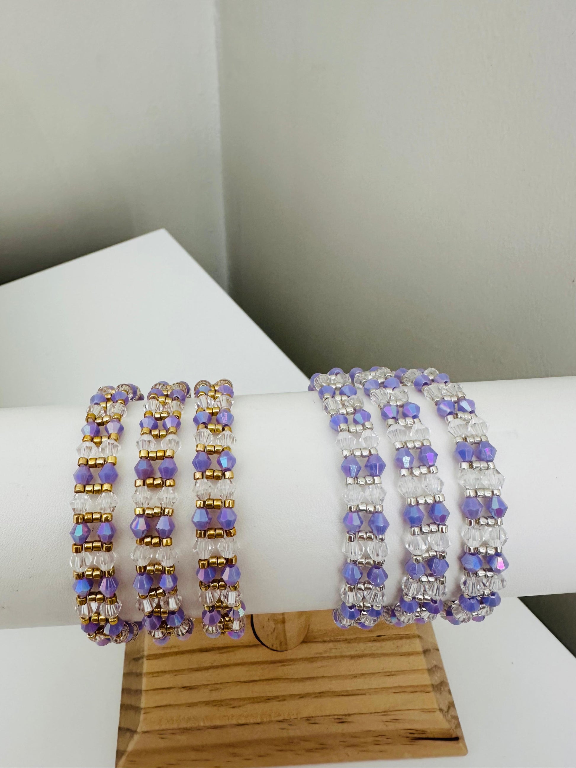 Purple Elegance Handmade Bracelet with purple, crystal, and gold or silver beads on stainless steel chain