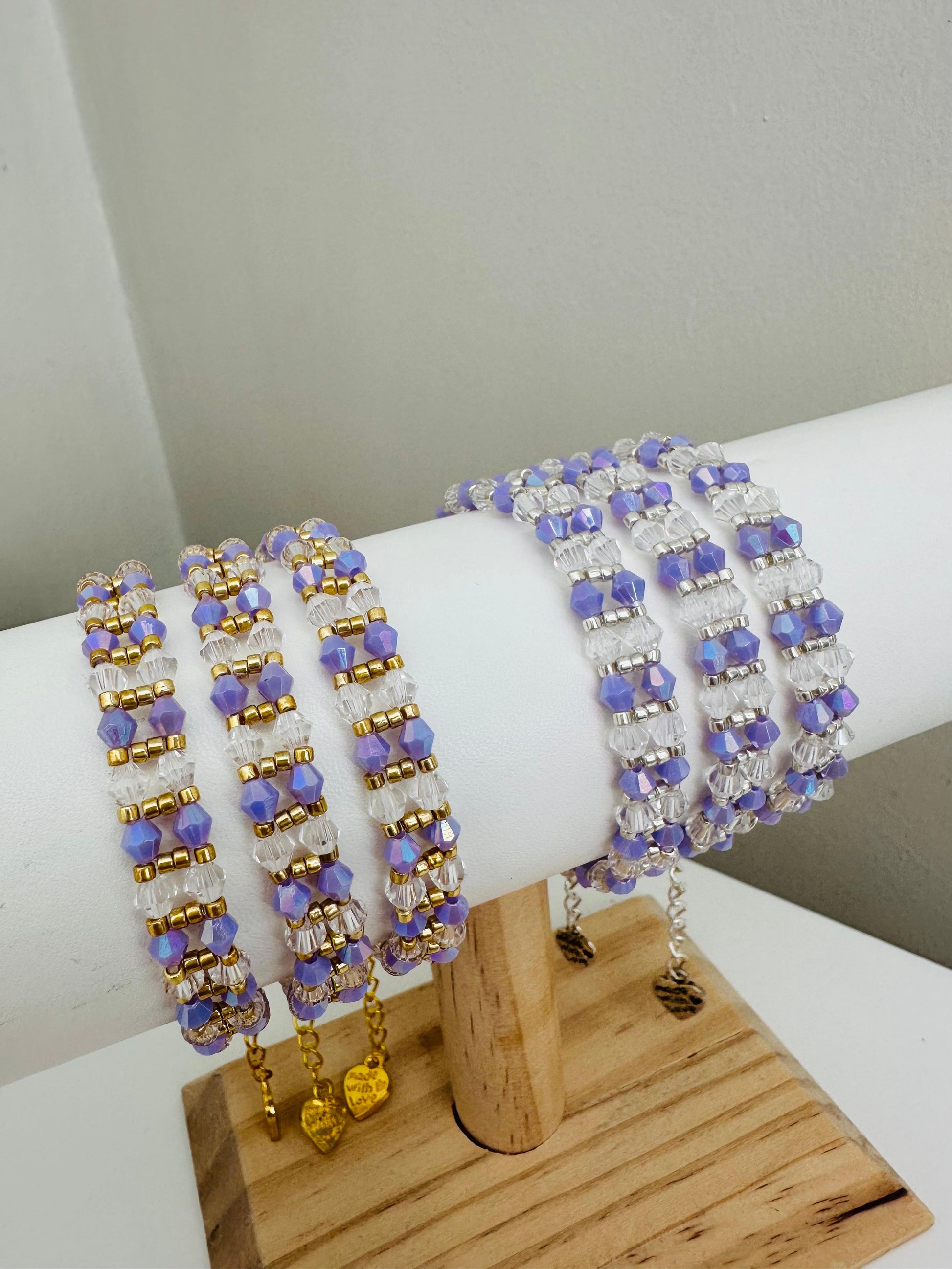 Purple Elegance Handmade Bracelet with purple, crystal, and gold or silver beads on stainless steel chain