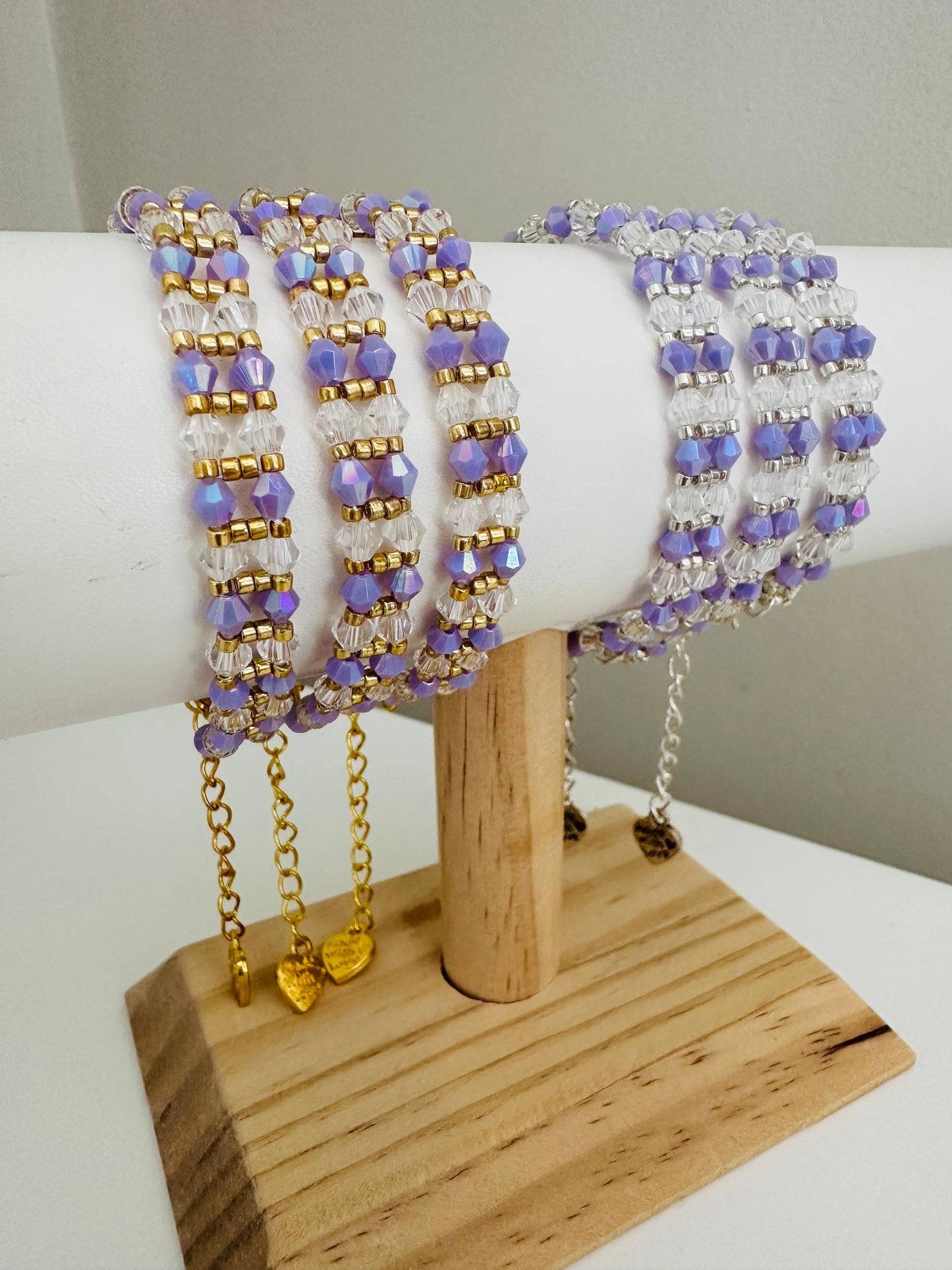 Purple Elegance Handmade Bracelet with purple, crystal, and gold or silver beads on stainless steel chain