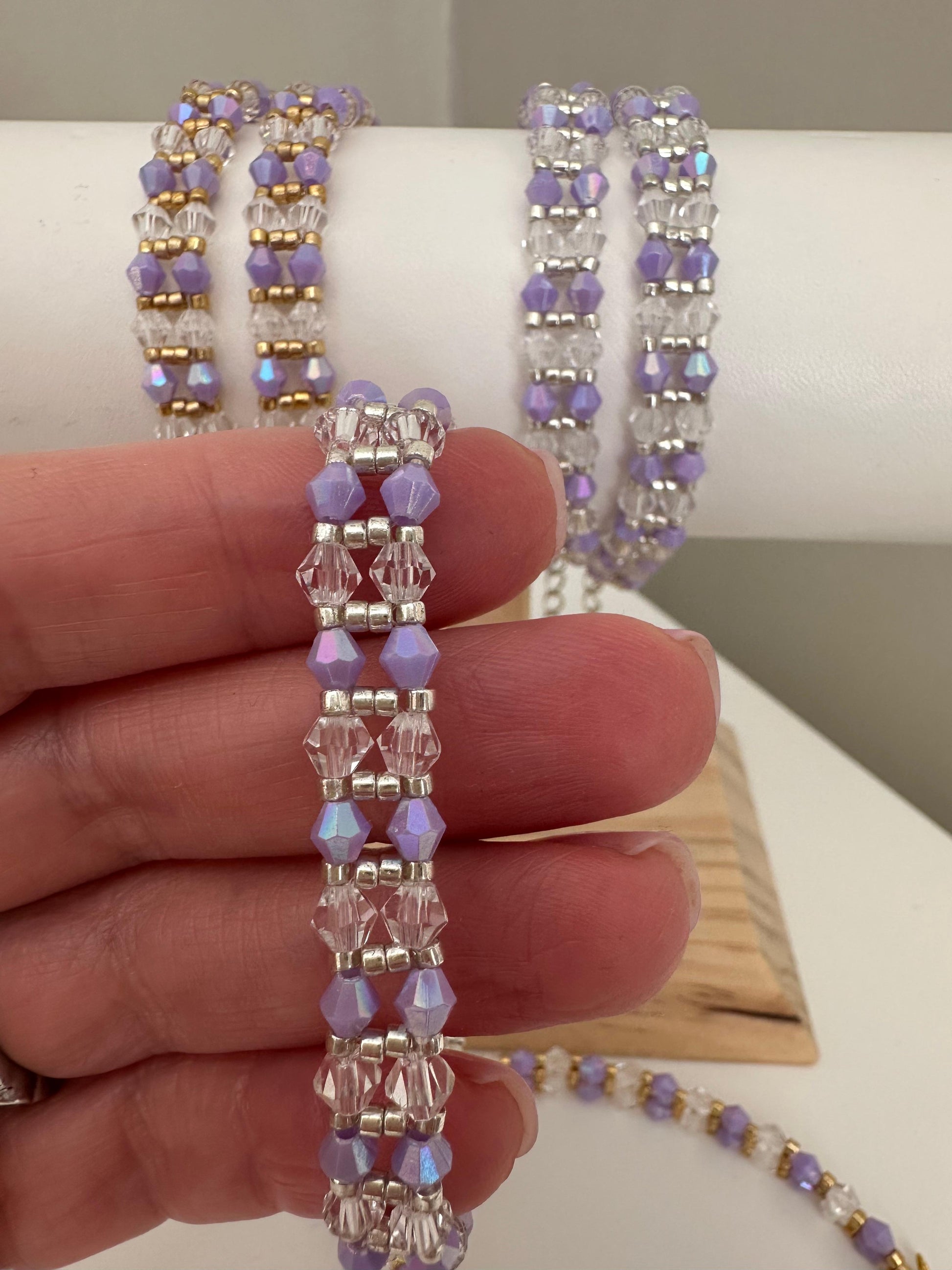 Purple Elegance Handmade Bracelet with purple, crystal, and gold or silver beads on stainless steel chain