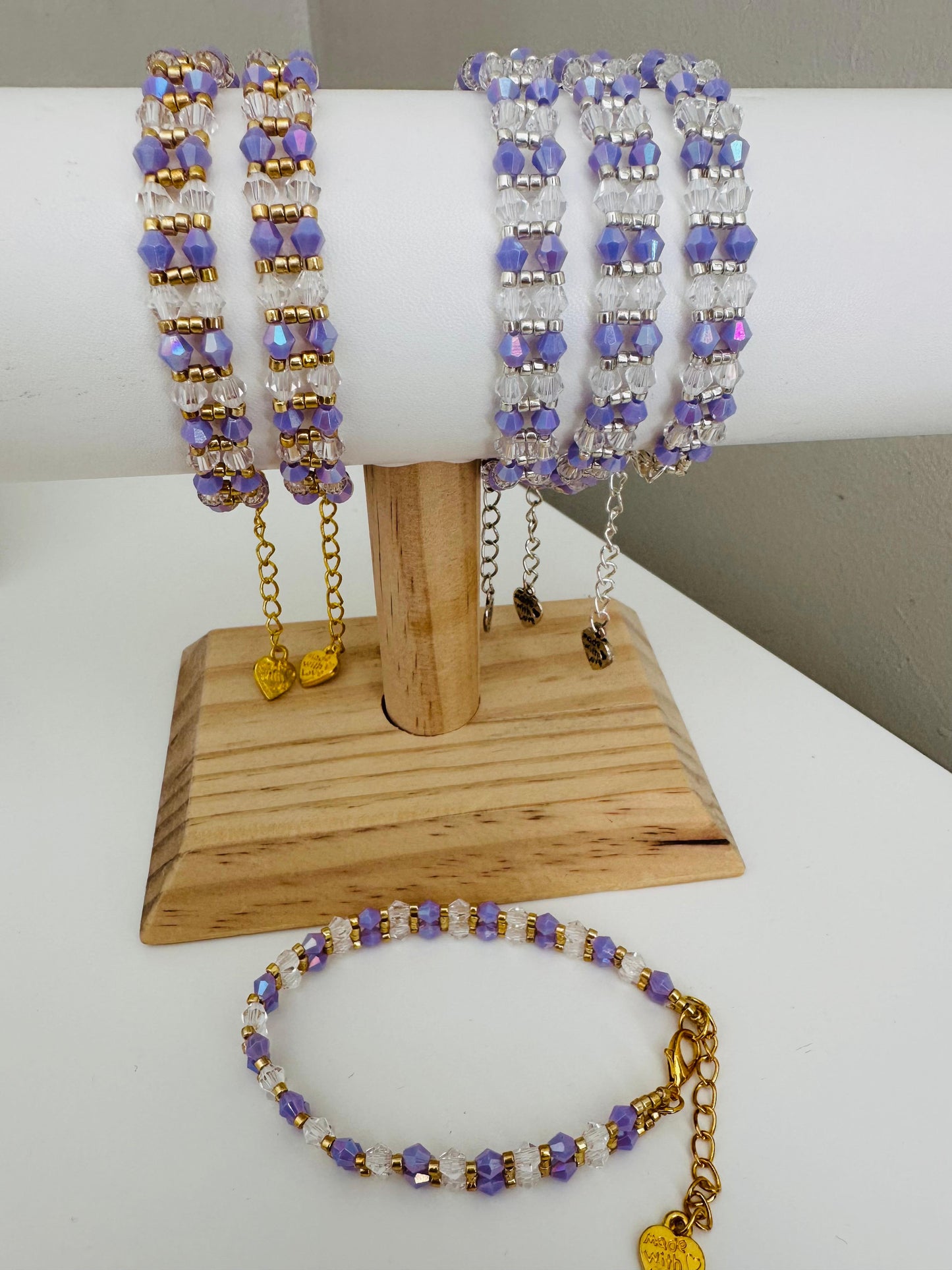 Purple Elegance Handmade Bracelet with purple, crystal, and gold or silver beads on stainless steel chain