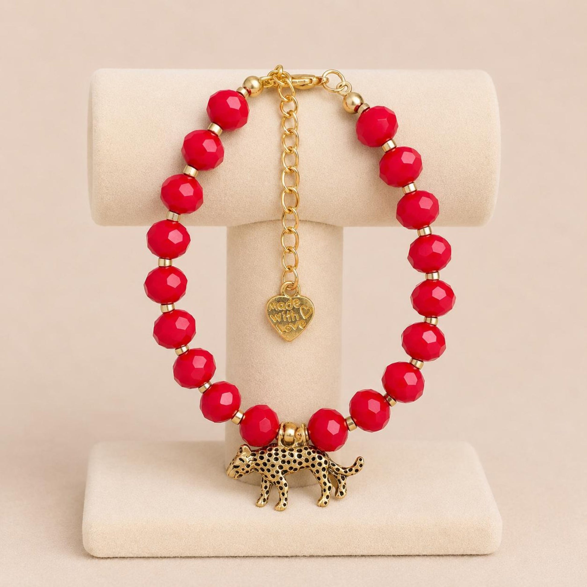 Handmade crimson gold tiger glass bracelet with red and gold beads and 18K gold-plated chain