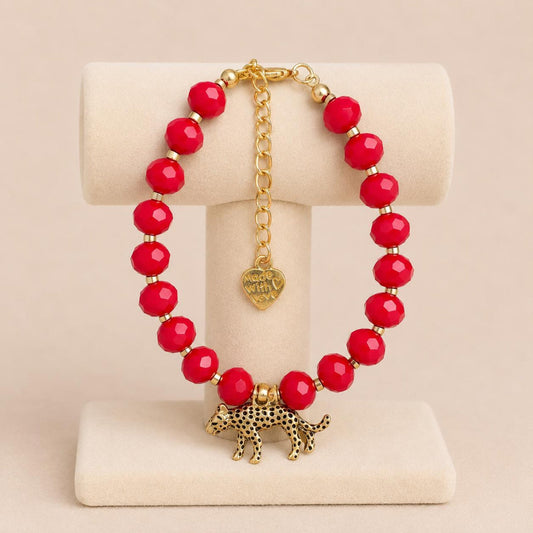 Handmade crimson gold tiger glass bracelet with red and gold beads and 18K gold-plated chain