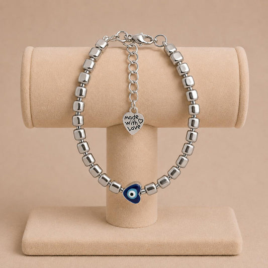 Handmade protective energy evil eye bracelet with silver beads and adjustable chain