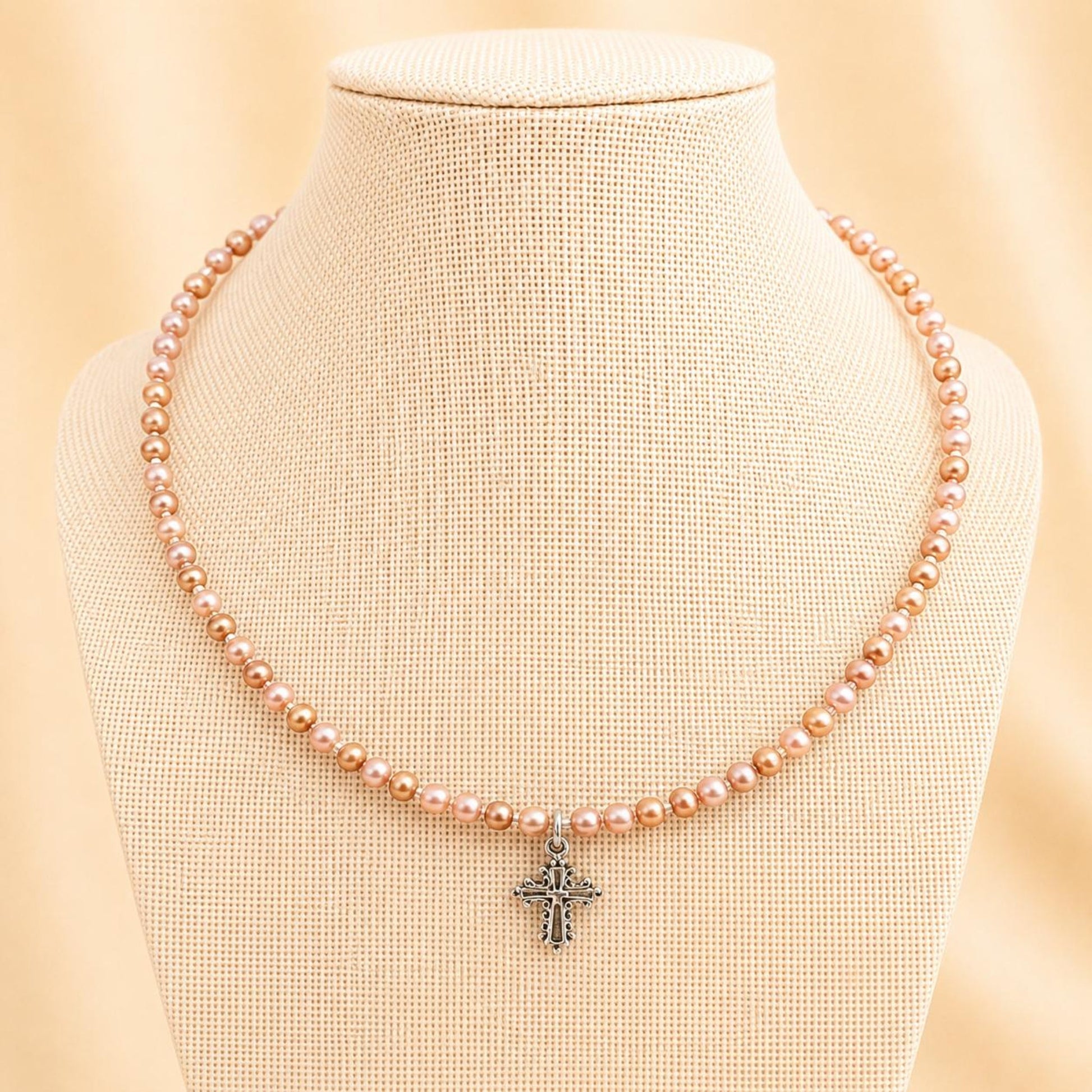 Handmade FAITH IN BRONZE PEARLS necklace with bronze faux pearls, silver beads, and silver cross pendant