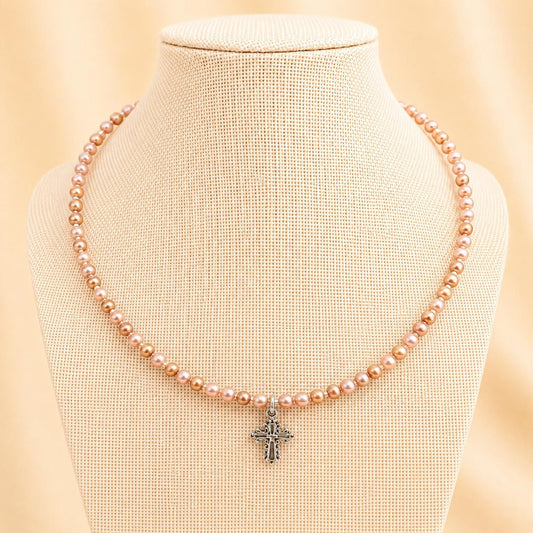 Handmade FAITH IN BRONZE PEARLS necklace with bronze faux pearls, silver beads, and silver cross pendant