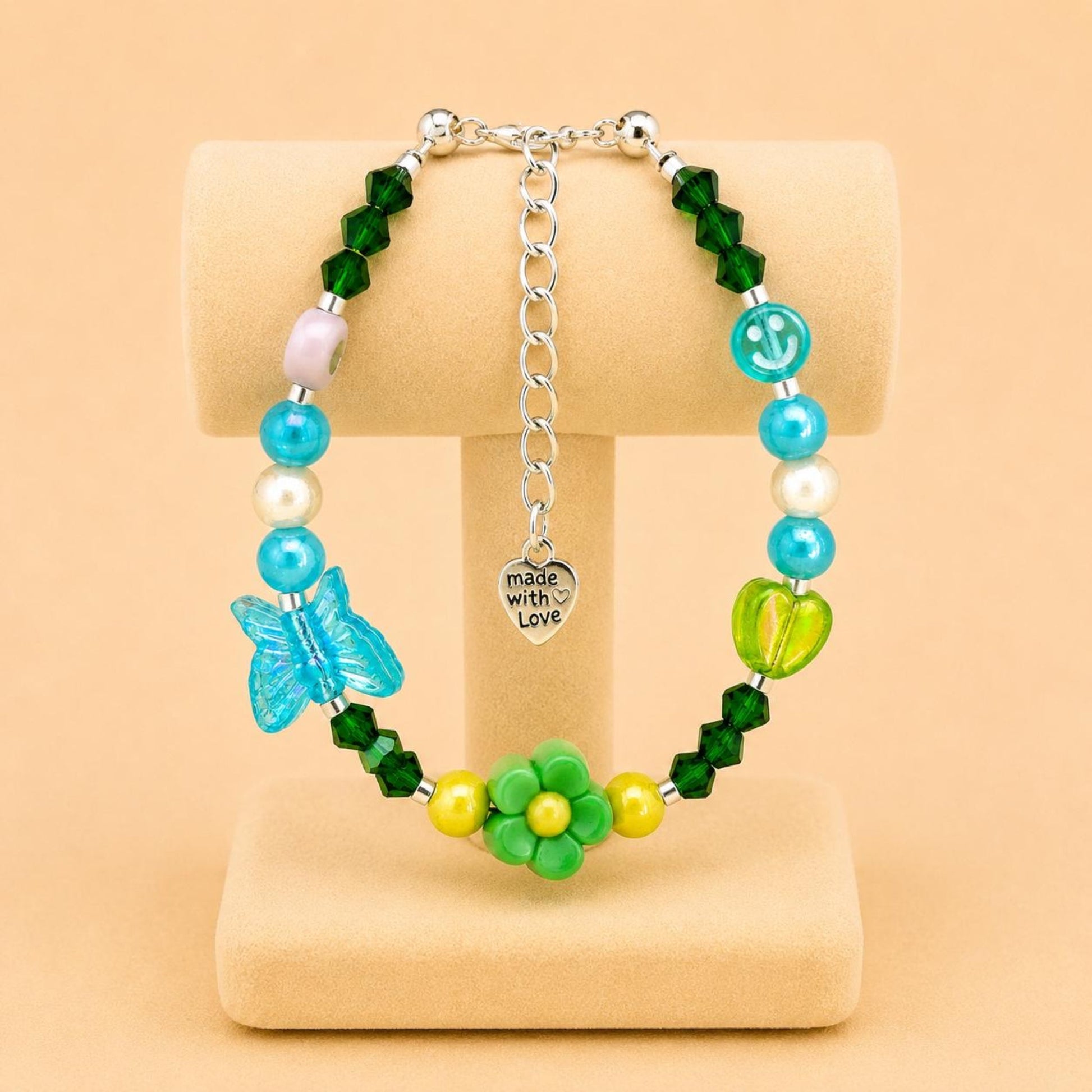 Handmade TROPICAL BREEZE bracelet with green, yellow, and turquoise glass and acrylic beads on stainless steel chain