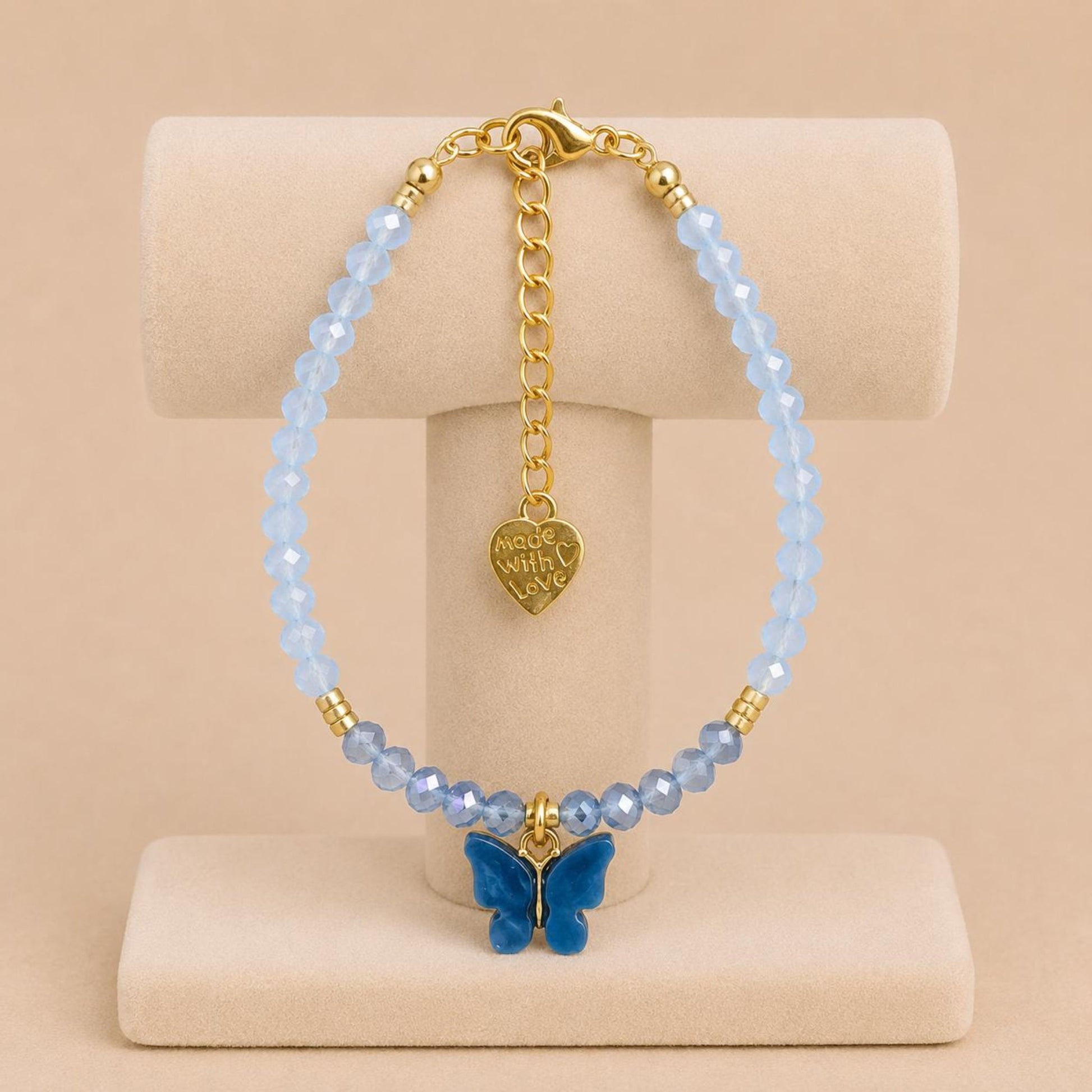 Handmade SKY DANCER BUTTERFLY bracelet with blue glass beads and gold-plated chain