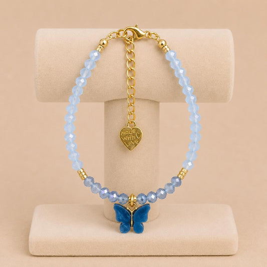 Handmade SKY DANCER BUTTERFLY bracelet with blue glass beads and gold-plated chain