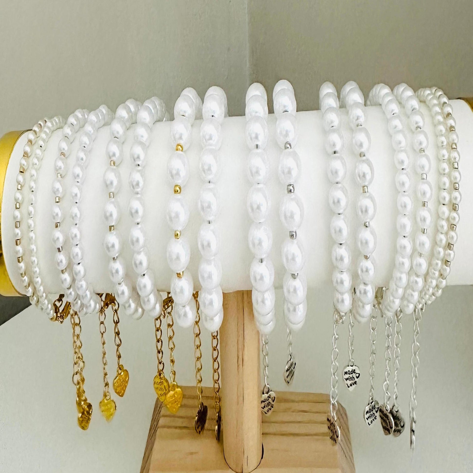 Bracelet: Elegant White Pearl Handmade Bracelet in Gold & Silver Piece
