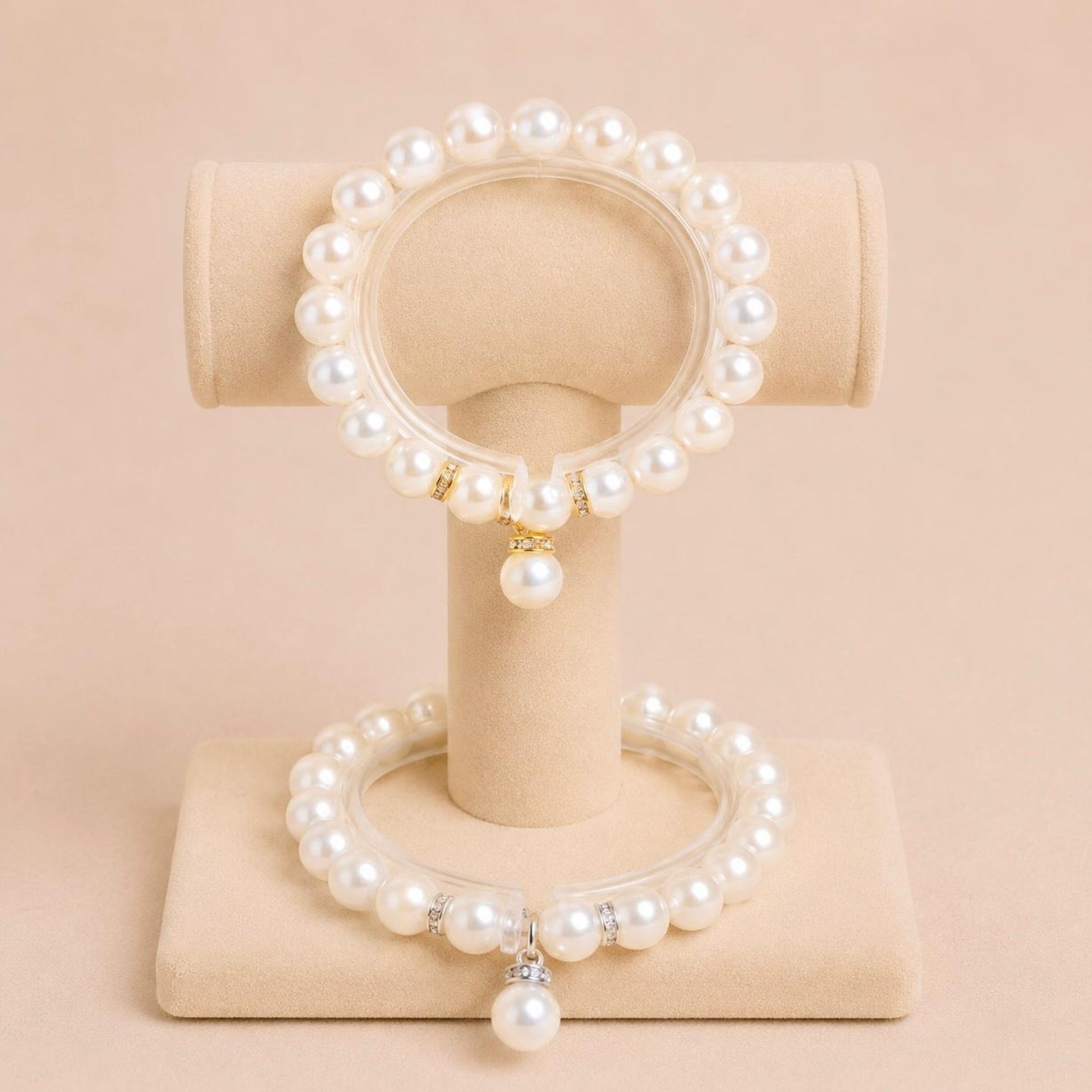 PEARL DREAMS stretch bracelet with white faux pearls and rhinestone spacers on elastic band