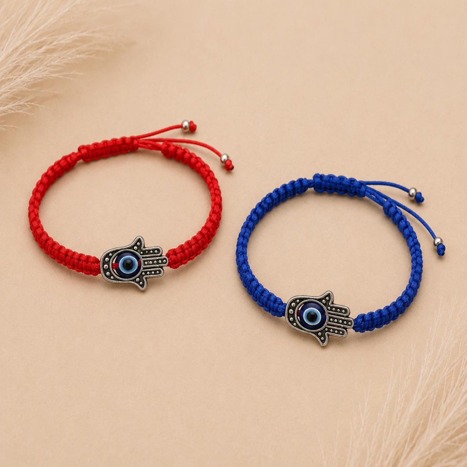 Adjustable satin cord bracelet with silver Hamsa Hand charm and Evil Eye bead in vibrant colors