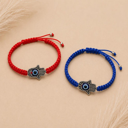 Adjustable satin cord bracelet with silver Hamsa Hand charm and Evil Eye bead in vibrant colors