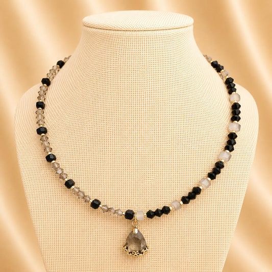 Handmade earthy tones necklace with glass beads, faux pearls, and beaded flowers on stainless steel chain