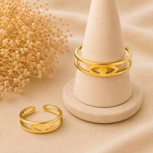 Adjustable stainless steel ring with 18K gold plating and geometric open band design