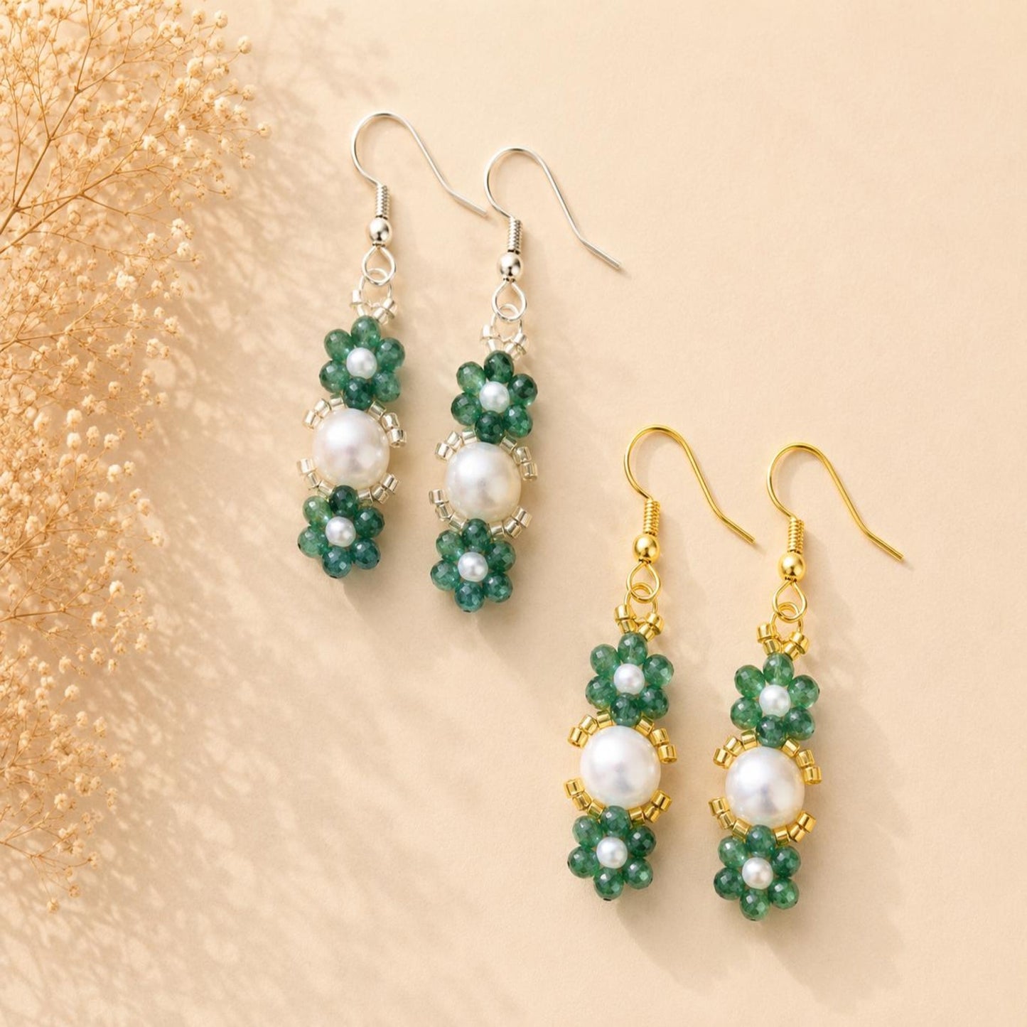 Elegant MYSTIC GARDEN PEARL earrings with gold and silver options featuring green glass beads and white faux pearls