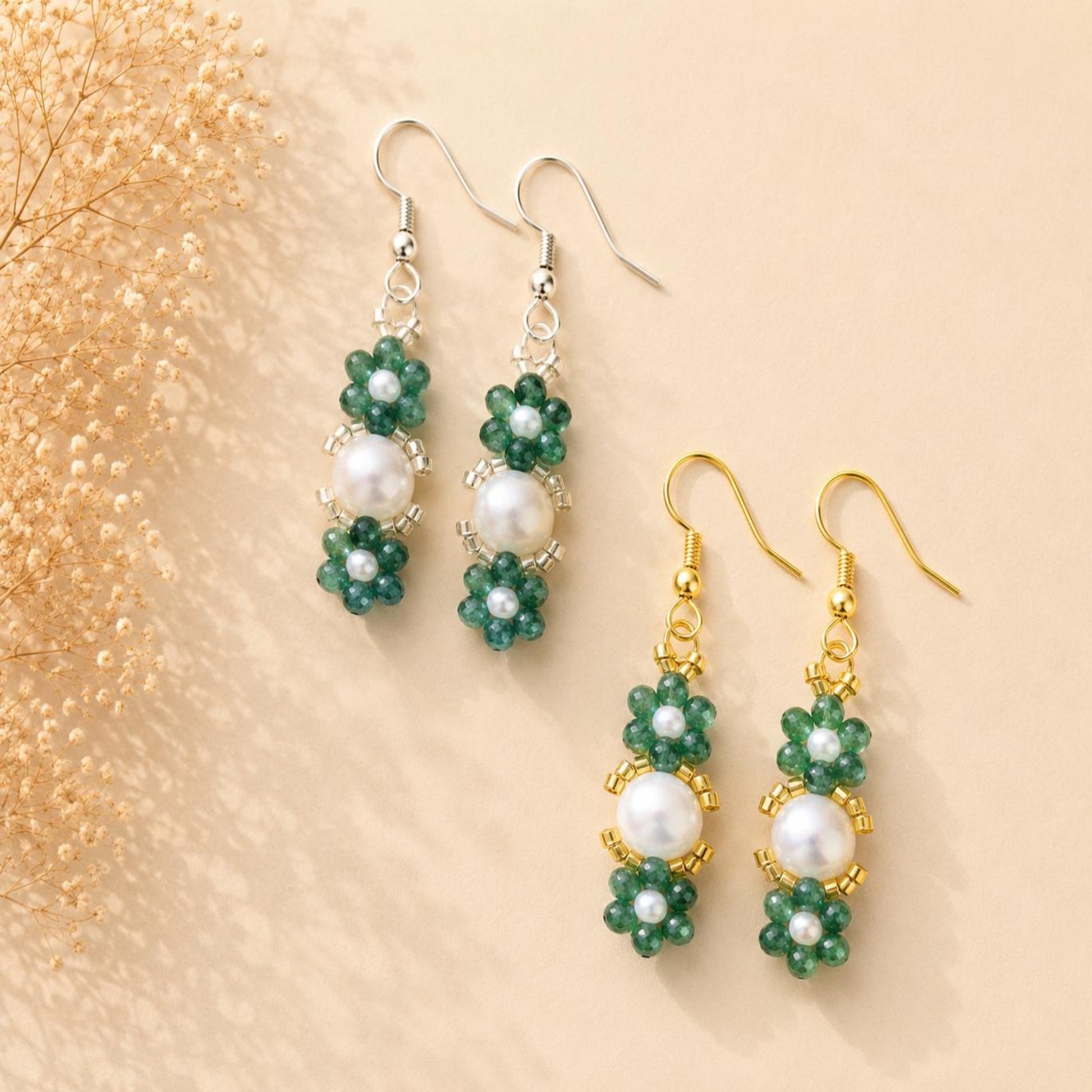 Elegant MYSTIC GARDEN PEARL earrings with gold and silver options featuring green glass beads and white faux pearls