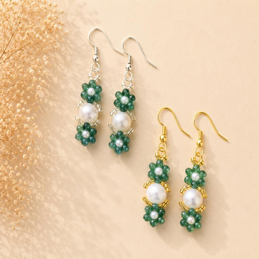Elegant MYSTIC GARDEN PEARL earrings with gold and silver options featuring green glass beads and white faux pearls