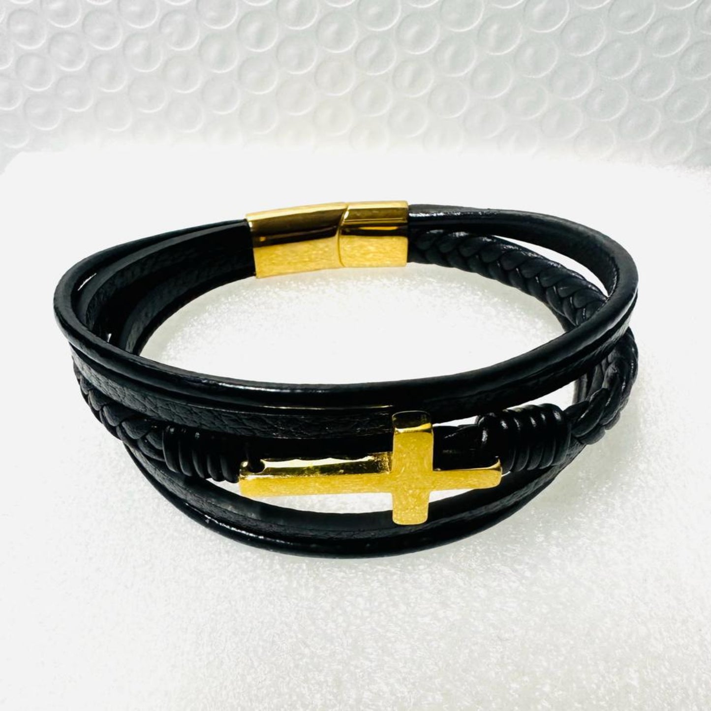 Elegant CROSS: Men's Black Leather Bracelet 