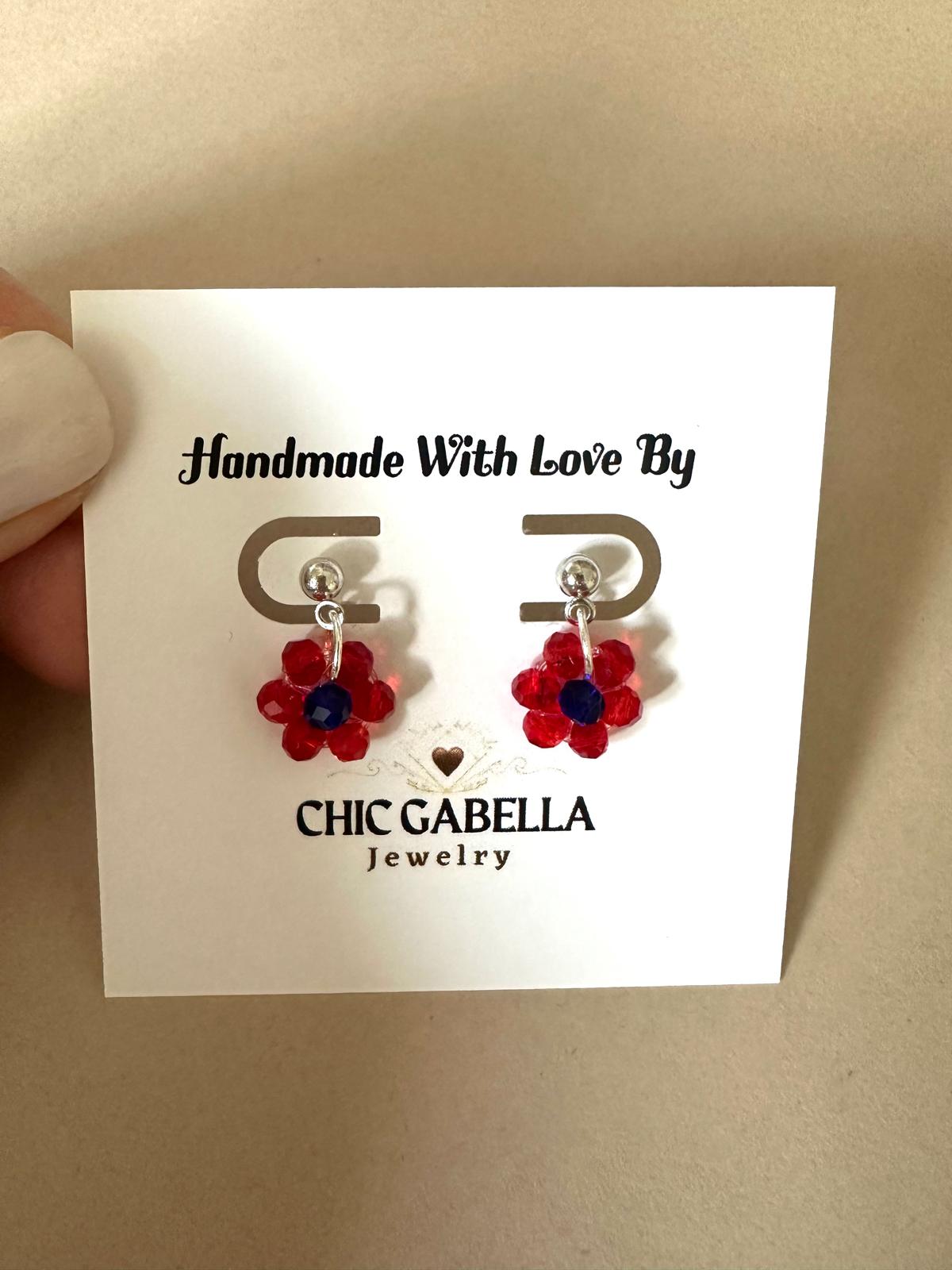 Handmade Daisy Bloom Silver Earrings with glass bead floral design and stainless steel posts