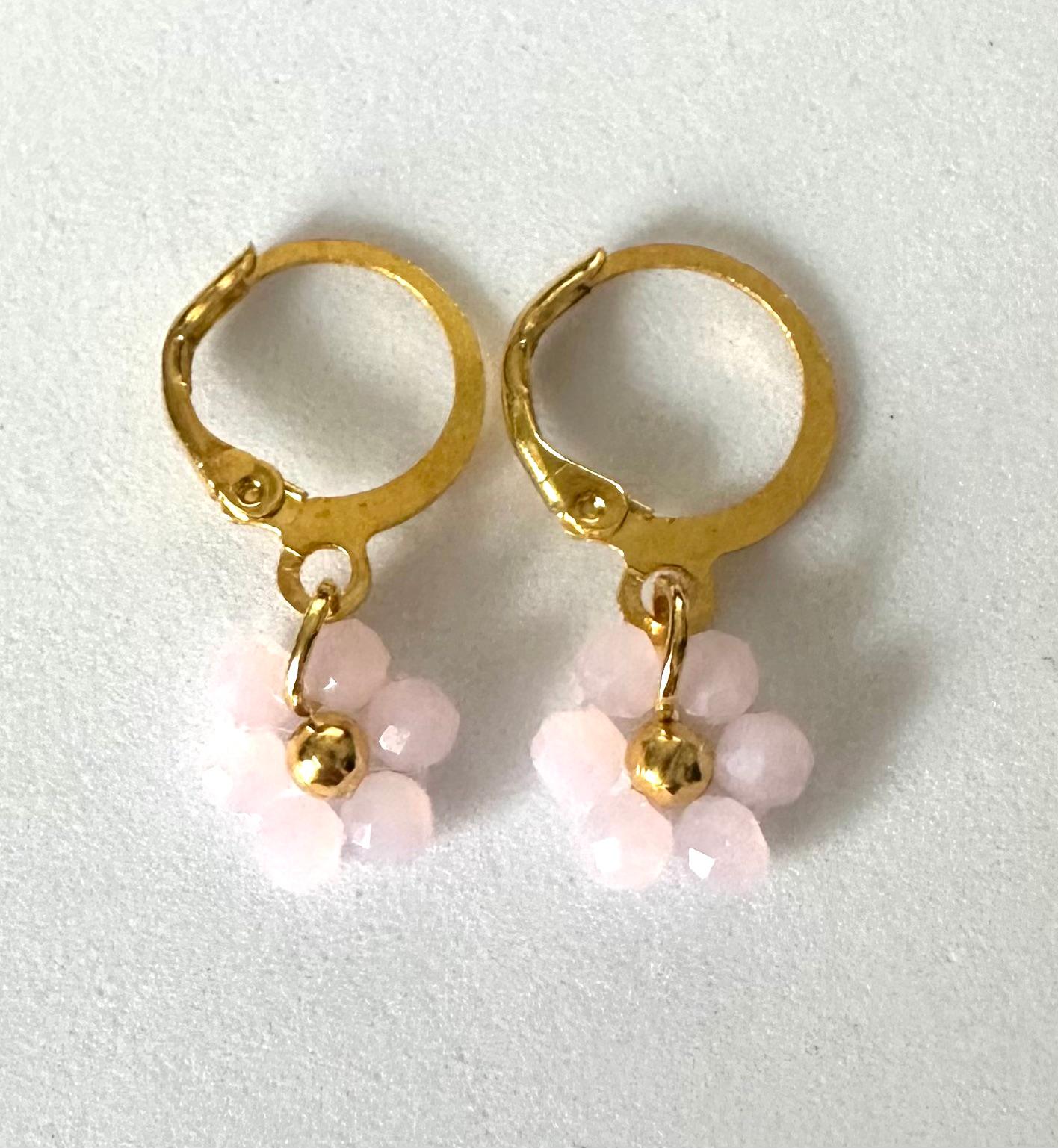 Handmade floral bloom earrings with gold-tone accents and faceted glass beads on leverback hoops