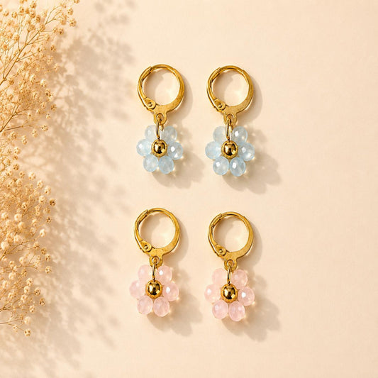 Handmade Floral Bloom Earrings with faceted glass beads and gold-tone leverback hoops