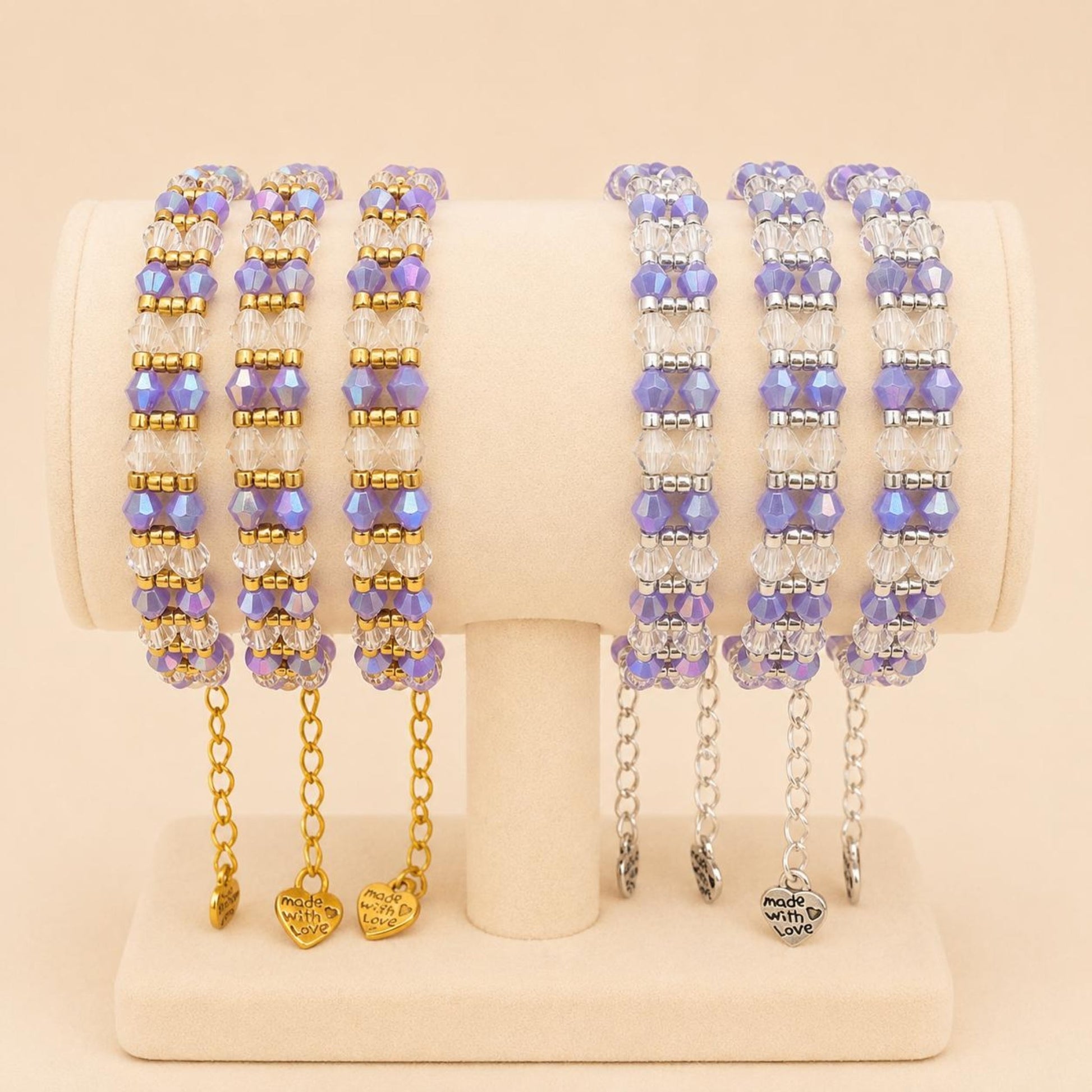 Purple elegance handmade bracelet with gold or silver beads and extension chain