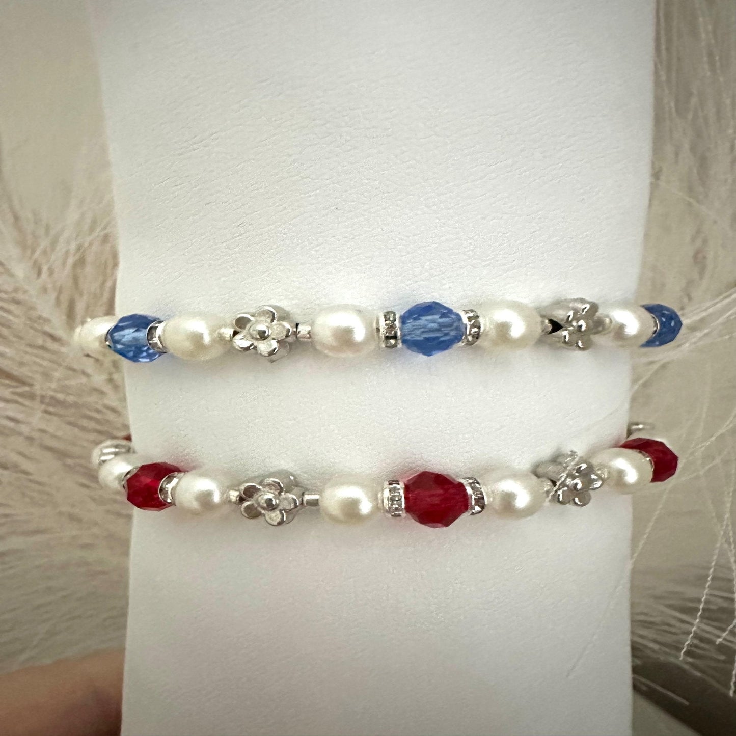 PEARL and CRYSTAL GLOW Handmade Bracelet - Red and Blue Options