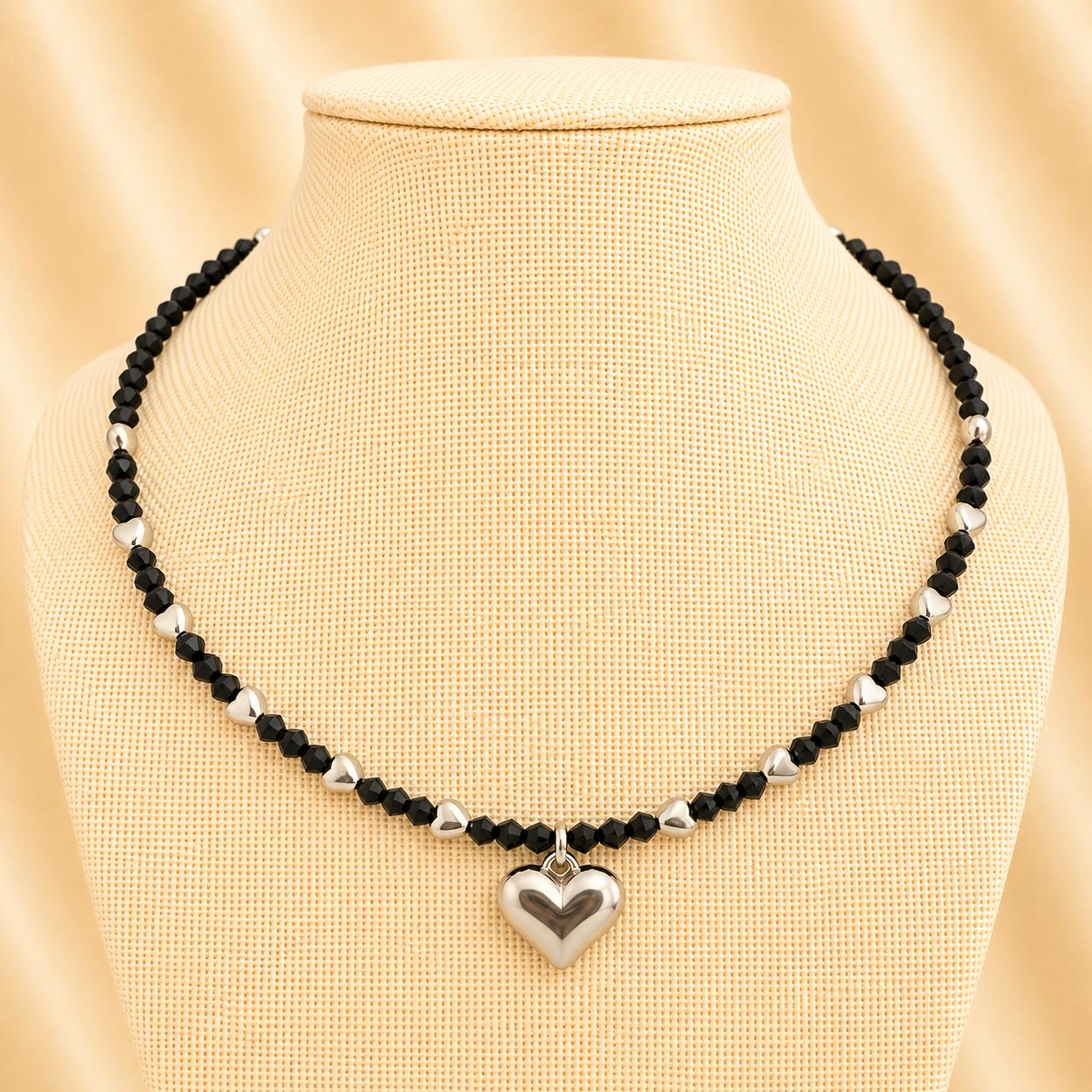 Handmade MIDNIGHT HEART necklace with black crystal and silver heart beads on nylon string