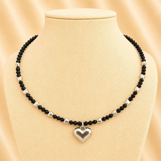 Handmade MIDNIGHT HEART necklace with black crystal and silver heart beads on nylon string