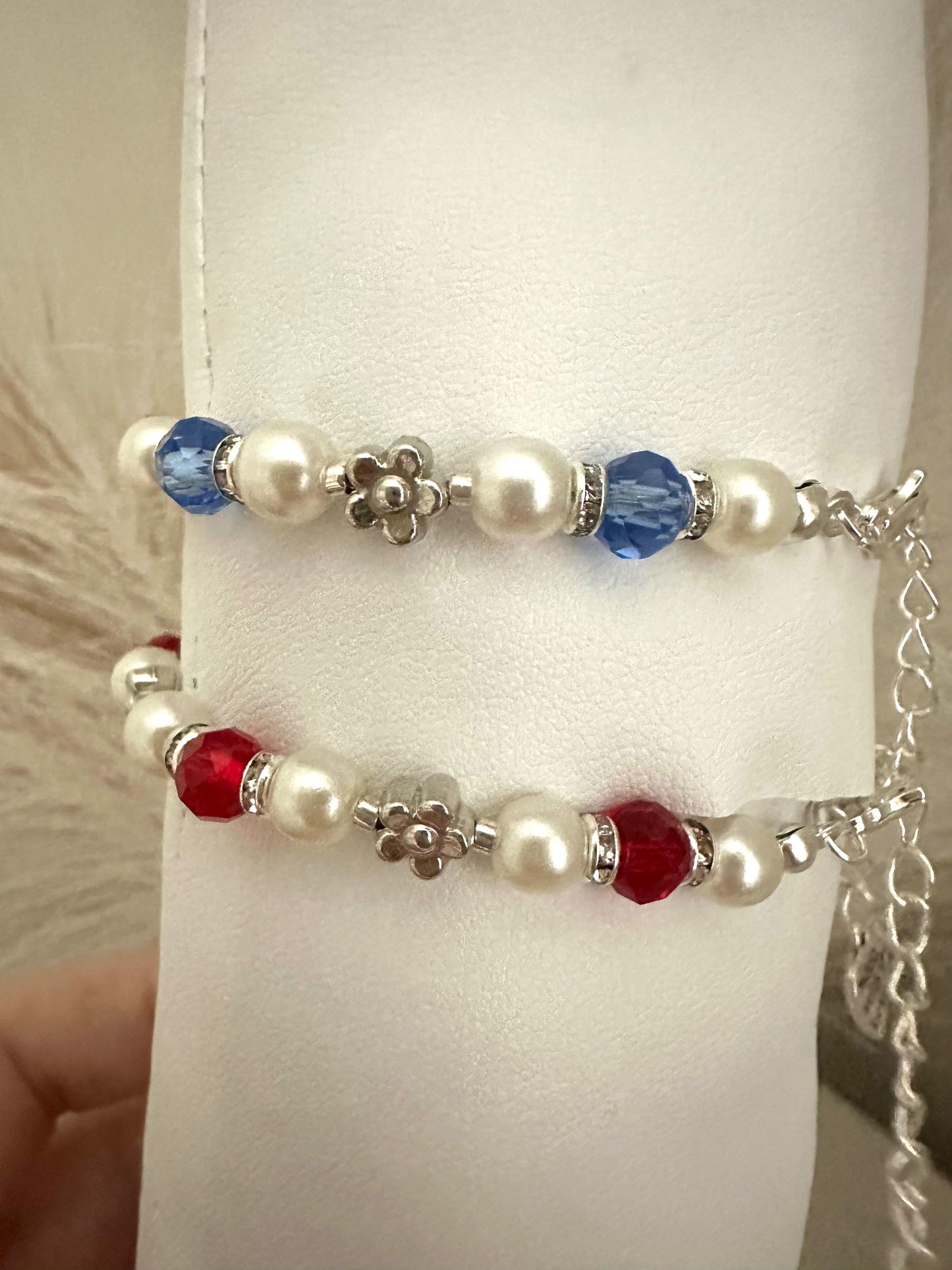 PEARL and CRYSTAL GLOW Handmade Bracelet - Red and Blue Options