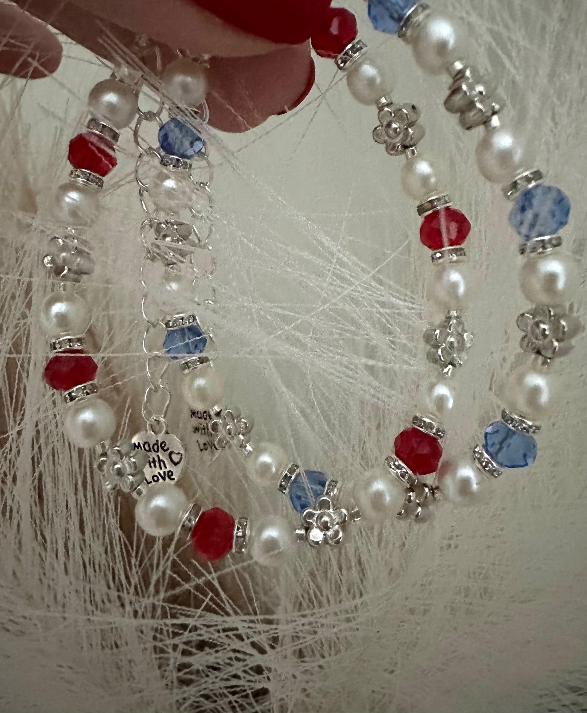 PEARL and CRYSTAL GLOW Handmade Bracelet - Red and Blue Options