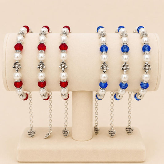 Handmade PEARL & CRYSTAL GLOW bracelet with red or blue crystals and white faux pearls