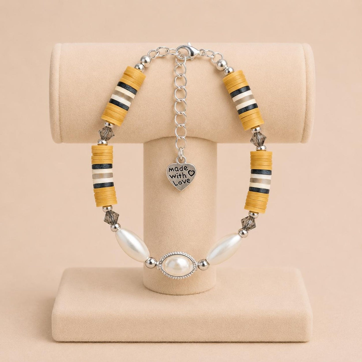 Handmade PEARLY VERDANT DREAMS bracelet with ivory faux pearls, crystal beads, and polymer clay accents