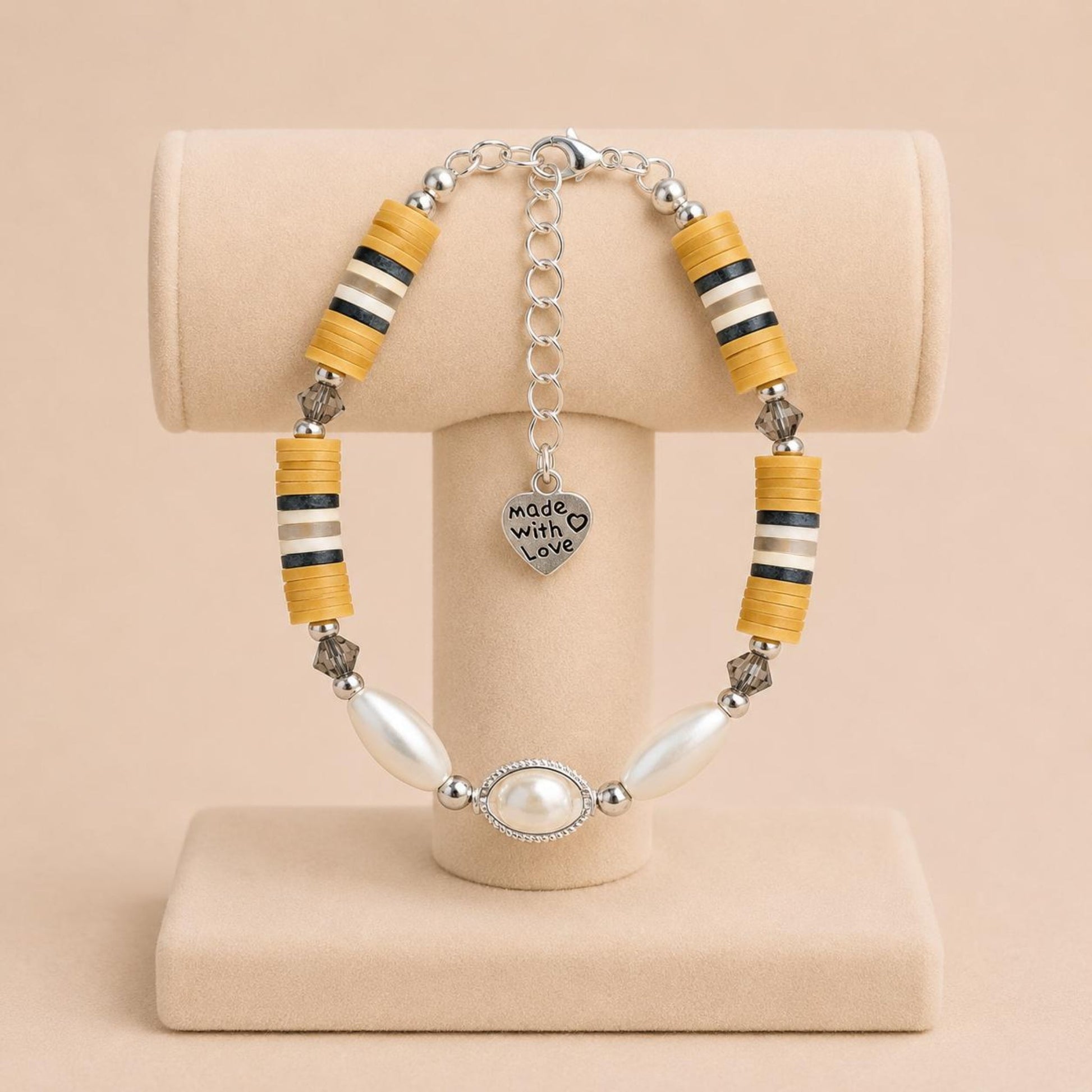 Handmade PEARLY VERDANT DREAMS bracelet with ivory faux pearls, crystal beads, and polymer clay accents