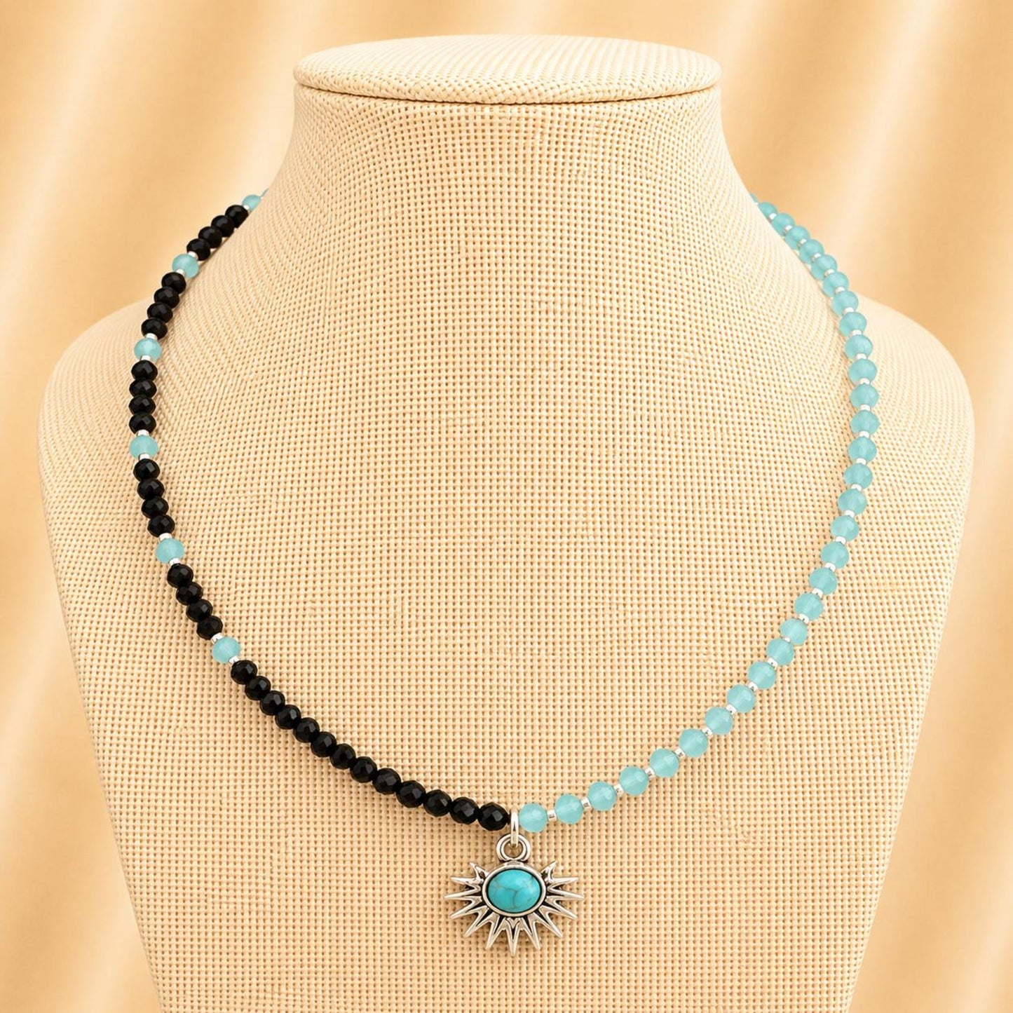 Handmade MIDNIGHT SKY GLASS necklace with black and blue crystal glass beads and silver accents.
