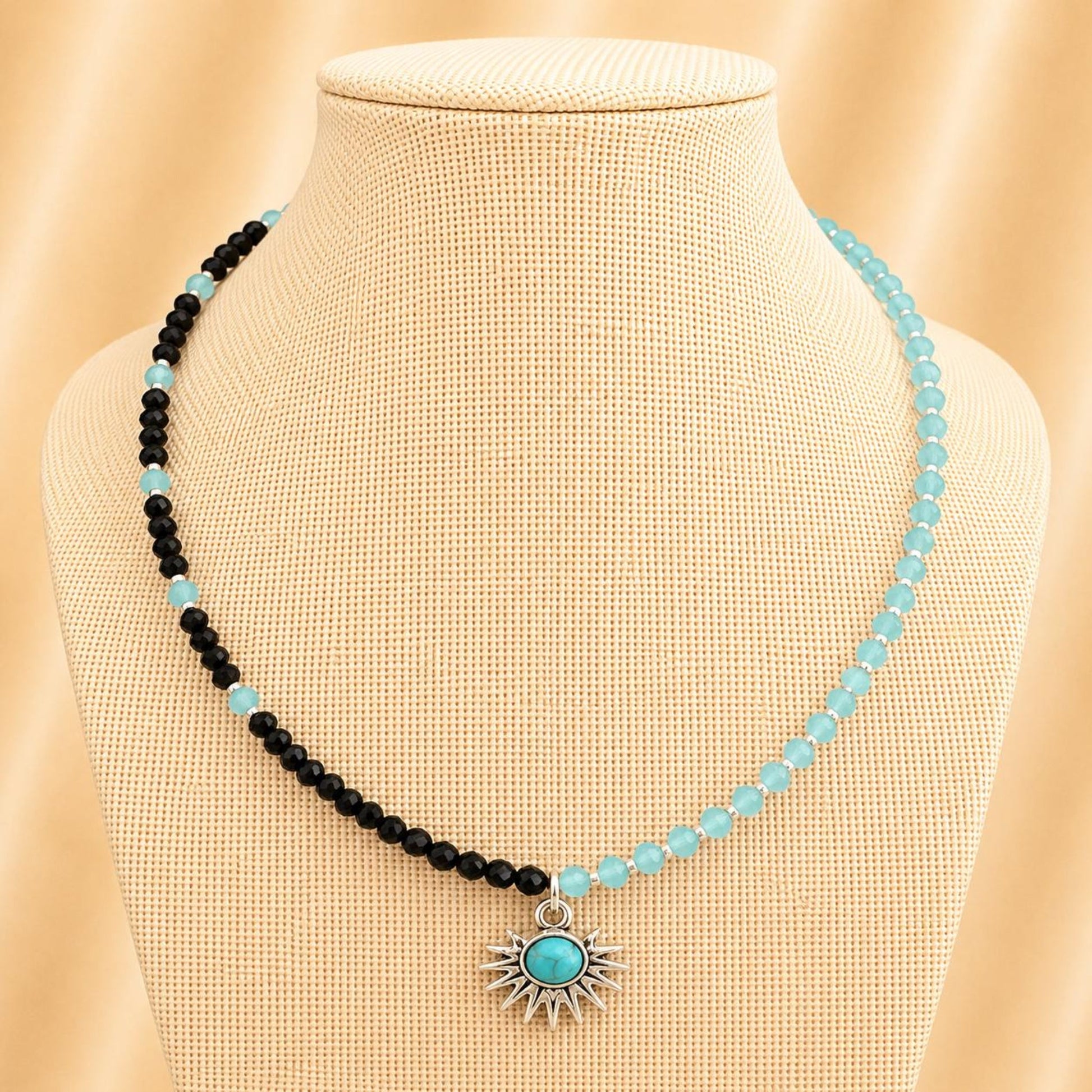 Handmade MIDNIGHT SKY GLASS necklace with black and blue crystal glass beads and silver accents.