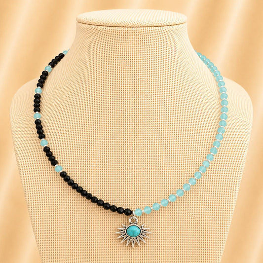 Handmade MIDNIGHT SKY GLASS necklace with black and blue crystal glass beads and silver accents.