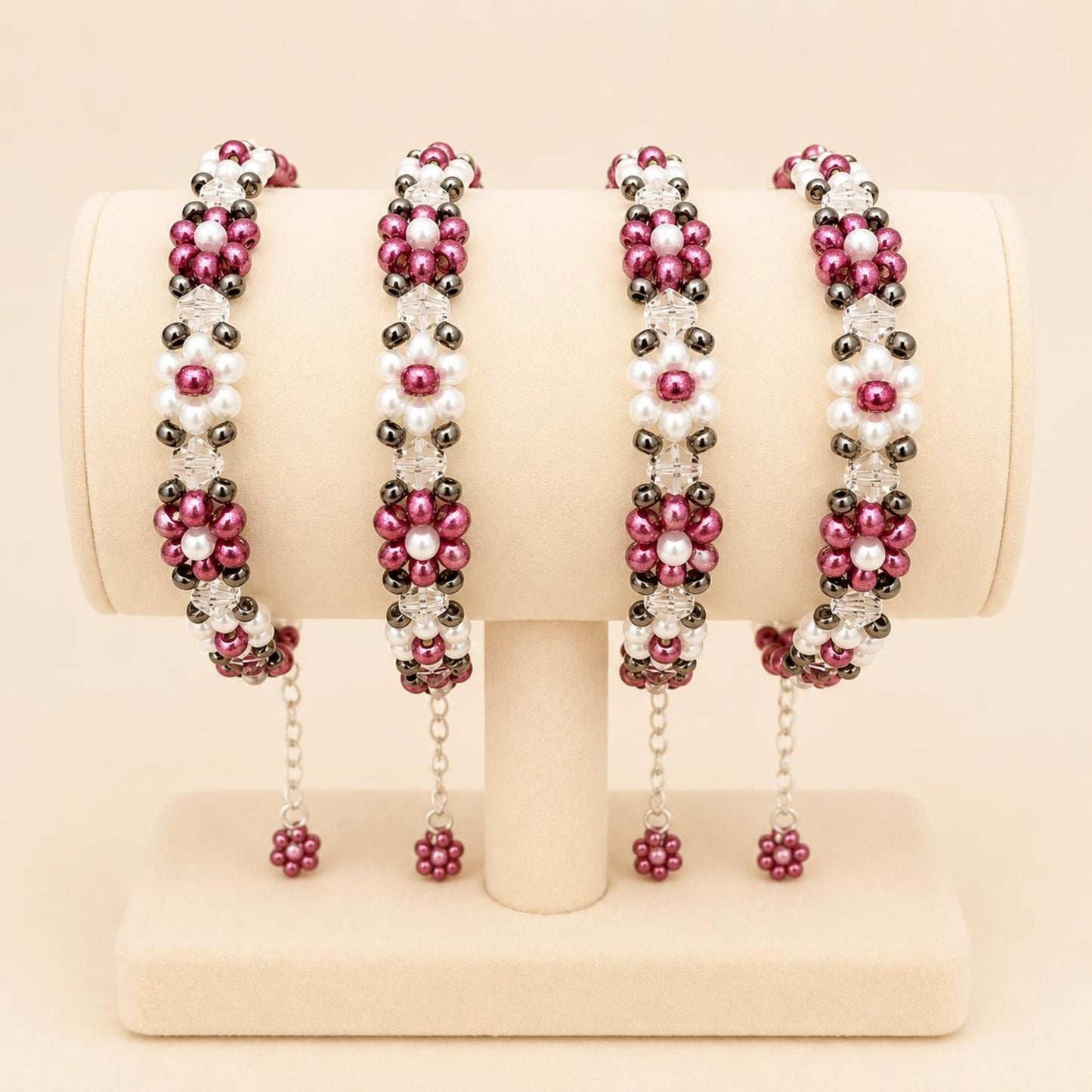 Handmade BLOSSOM GARDEN bracelet with white and pink faux pearls and glass beads