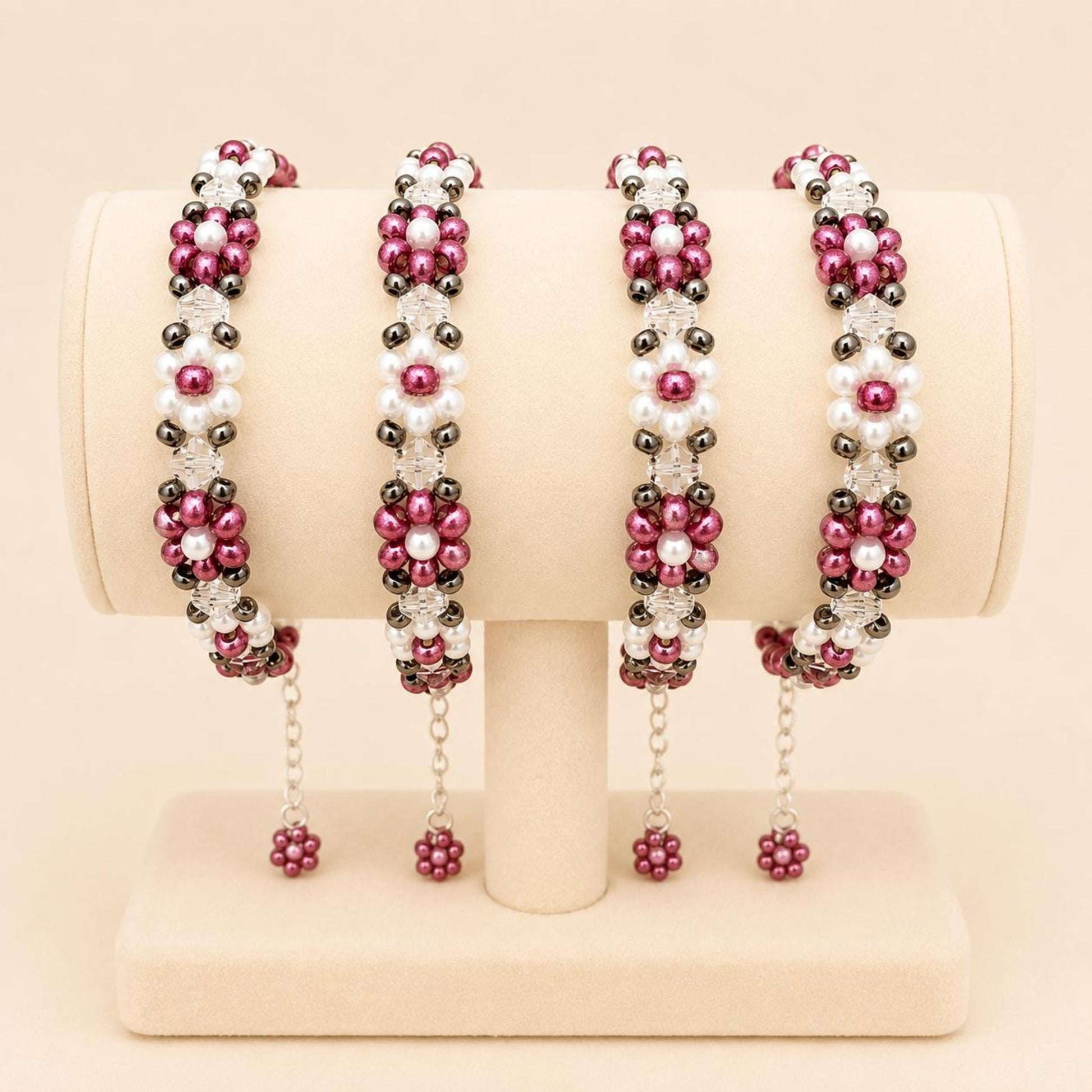 Handmade BLOSSOM GARDEN bracelet with white and pink faux pearls and glass beads