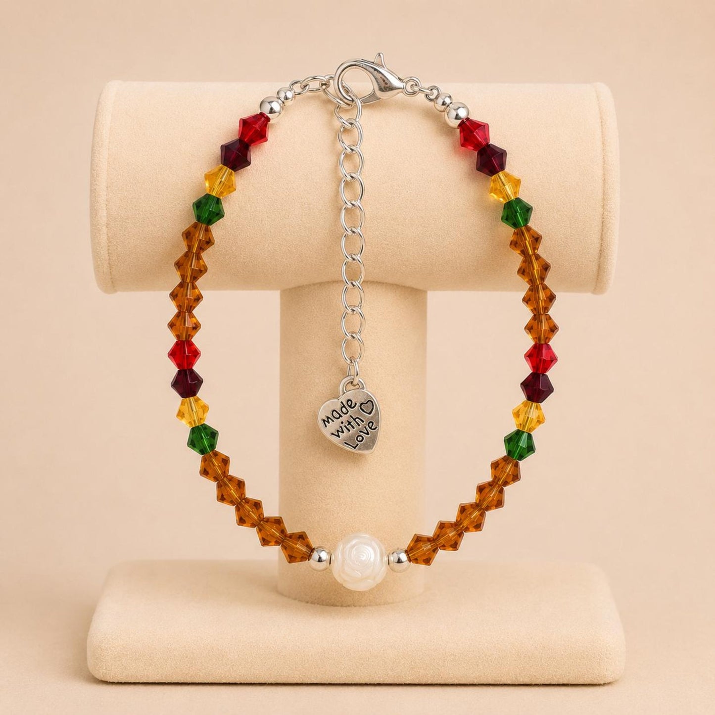 Handmade AMBER ELEGANCE bracelet with multicolored crystal glass beads, silver beads, and white rose faux pearl on stainless steel chain