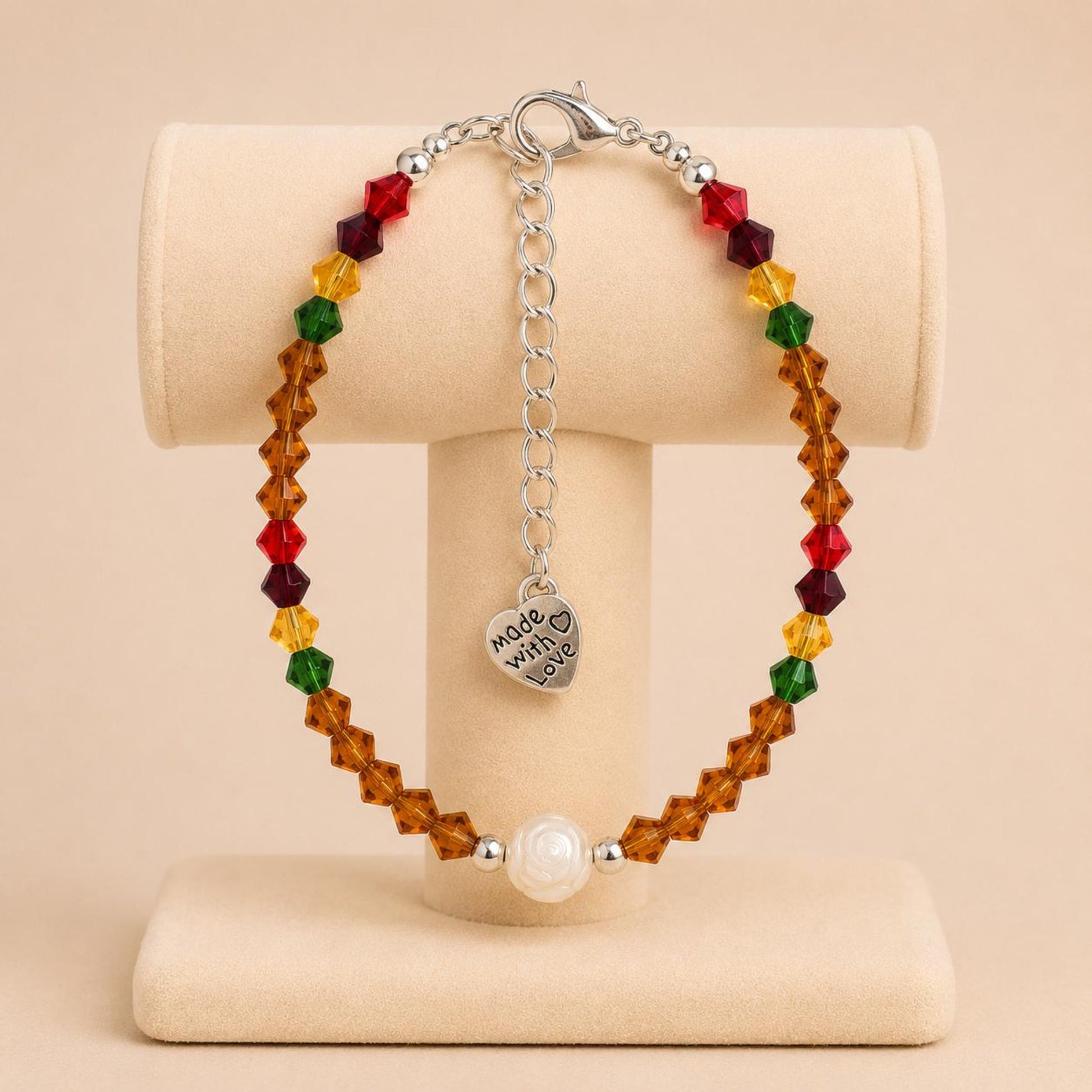 Handmade AMBER ELEGANCE bracelet with multicolored crystal glass beads, silver beads, and white rose faux pearl on stainless steel chain