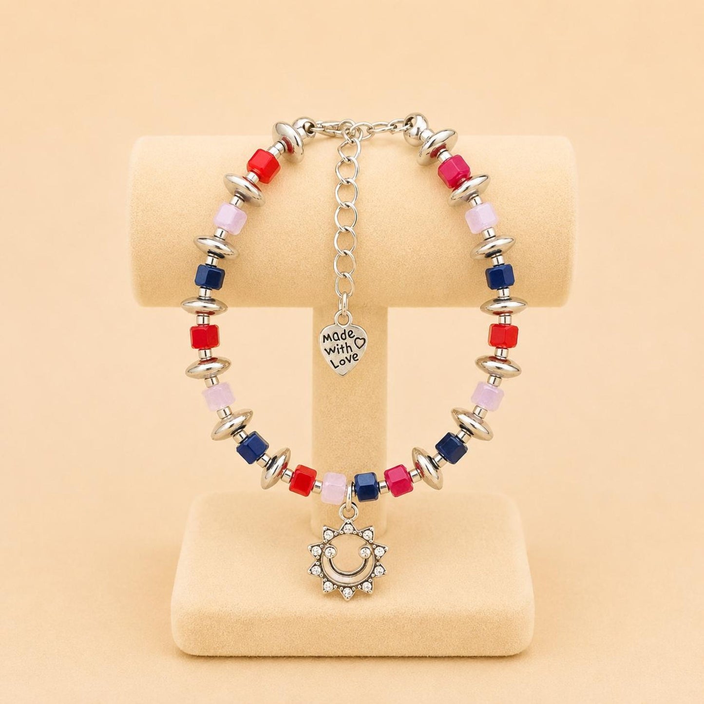 Handmade bracelet with silver smiley face pendant and colorful beads