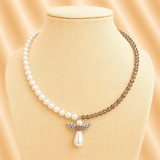 Handmade GUARDIAN ANGEL pearl necklace with white angel pendant and silver beads