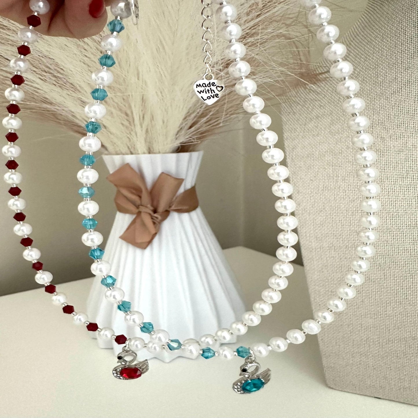 ELEGANT PEARL SWAN Necklace - Red And Turquoise Variants Available