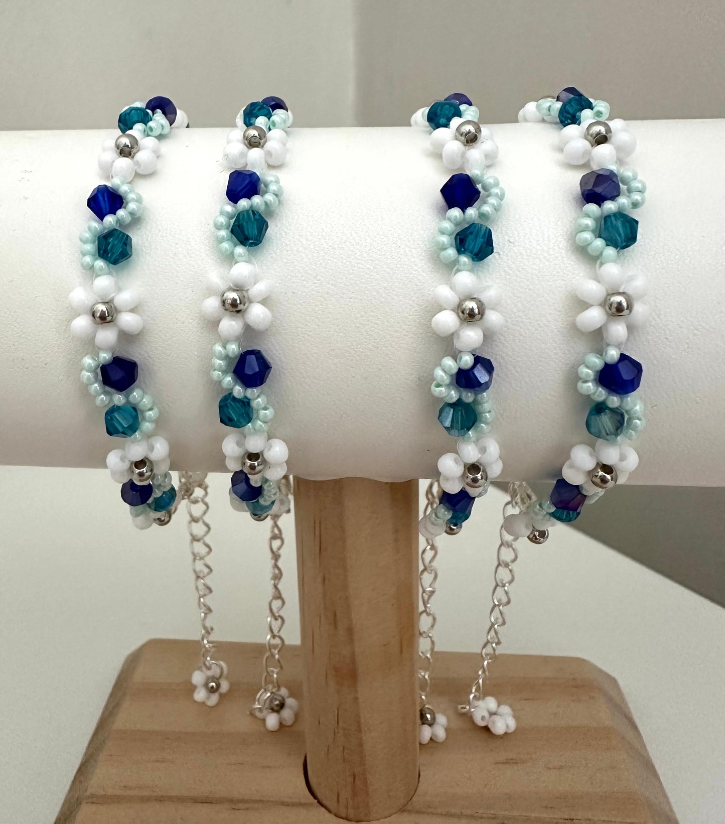 SEA WHISPER Handmade Bracelet with white, indigo, turquoise glass and silver beads on nylon string with stainless steel clasp