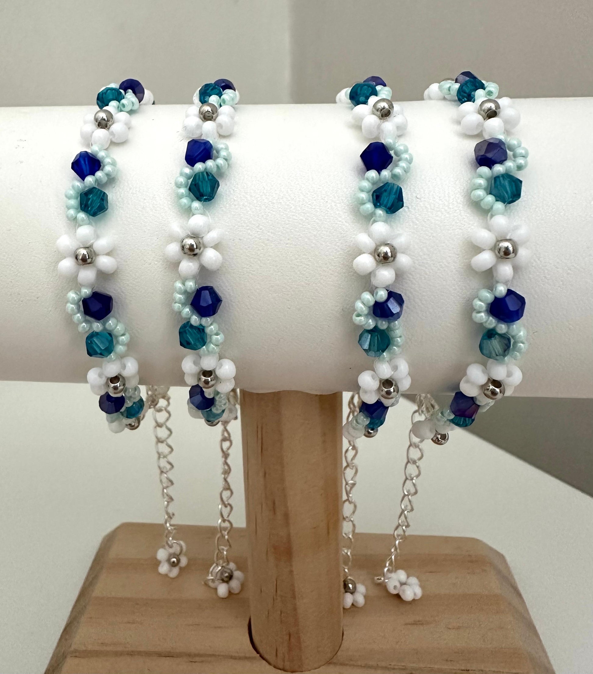 SEA WHISPER Handmade Bracelet with white, indigo, turquoise glass and silver beads on nylon string with stainless steel clasp