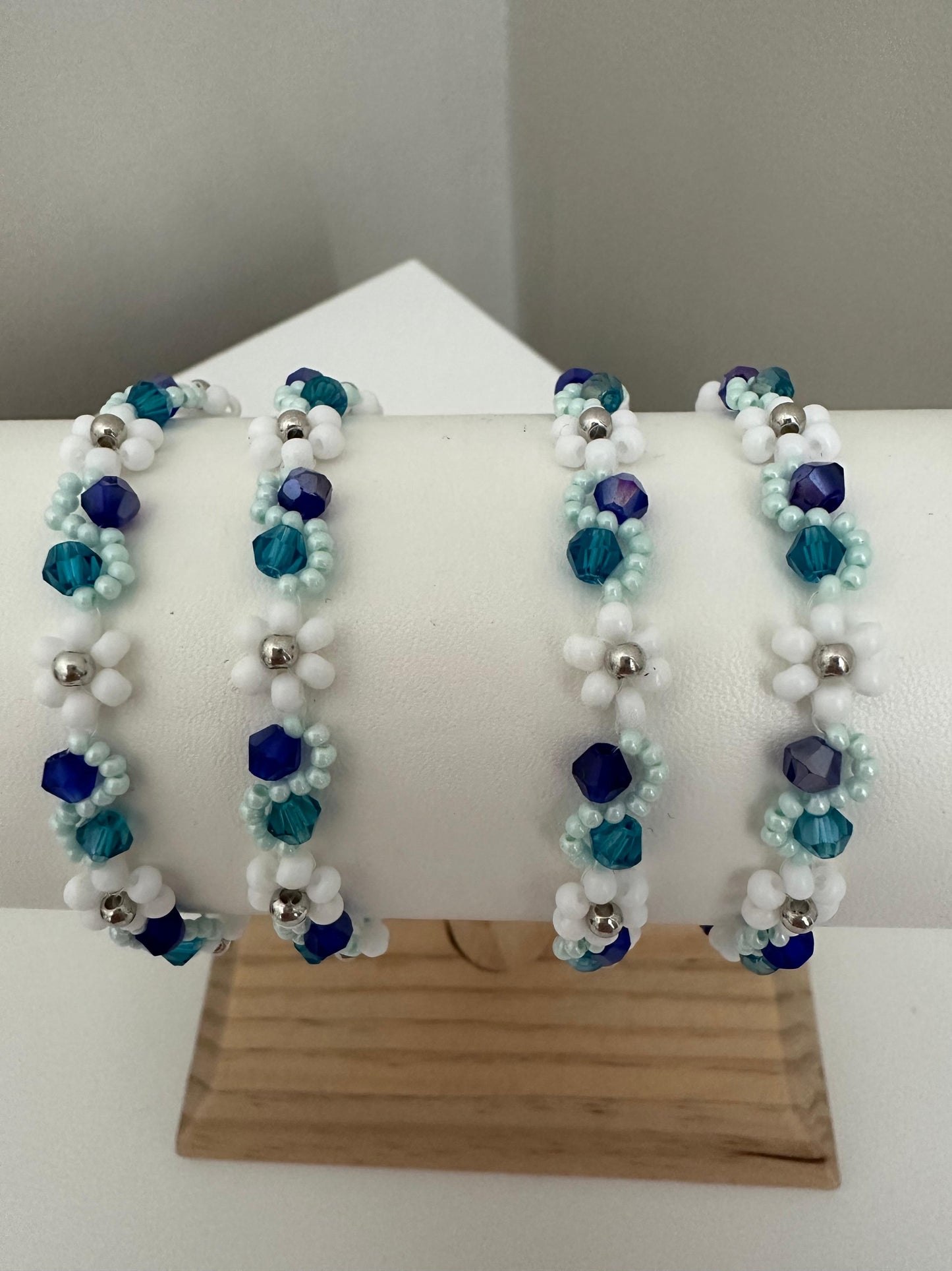 SEA WHISPER Handmade Bracelet with white, indigo, turquoise glass and silver beads on nylon string with stainless steel clasp