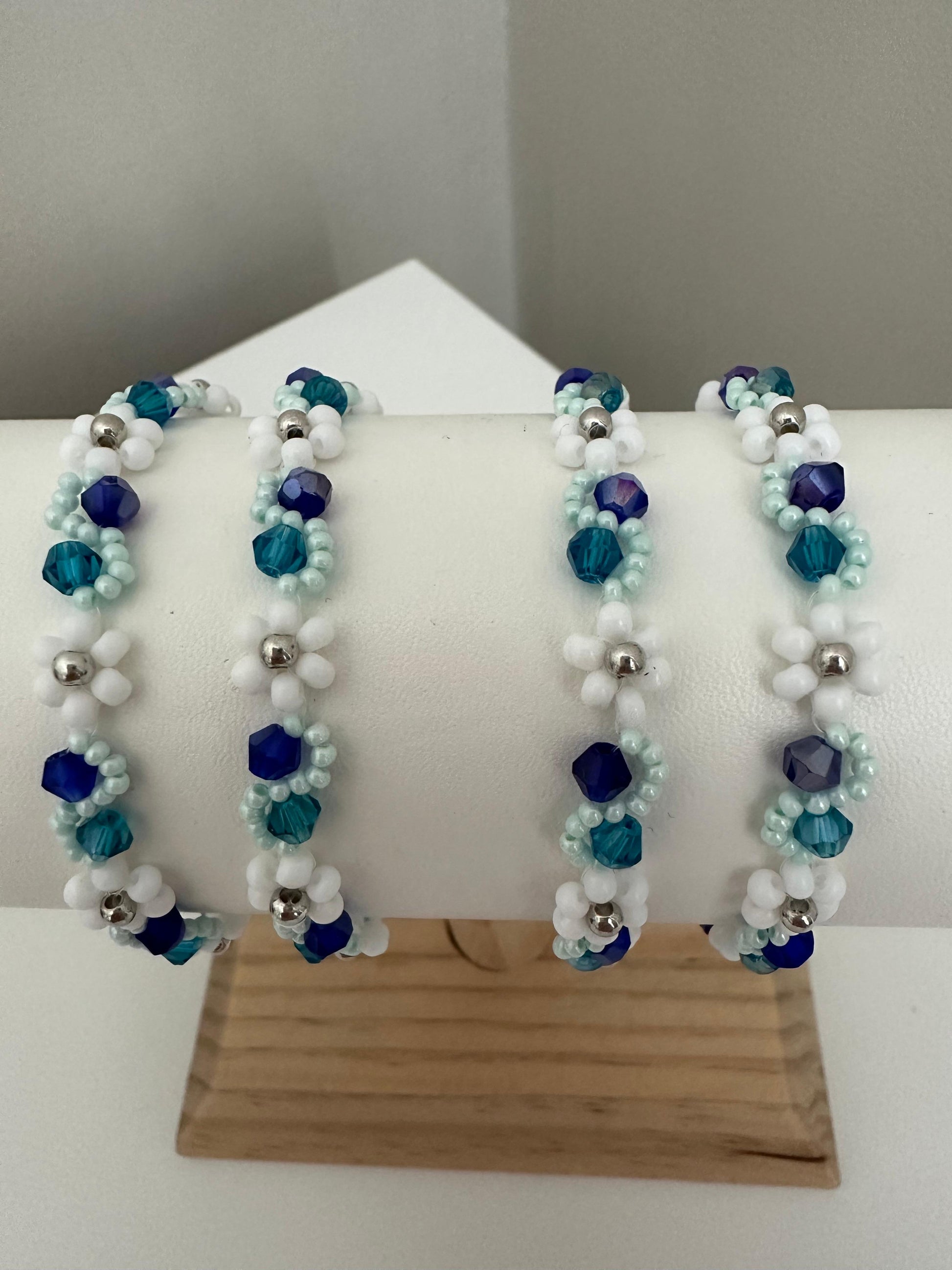 SEA WHISPER Handmade Bracelet with white, indigo, turquoise glass and silver beads on nylon string with stainless steel clasp