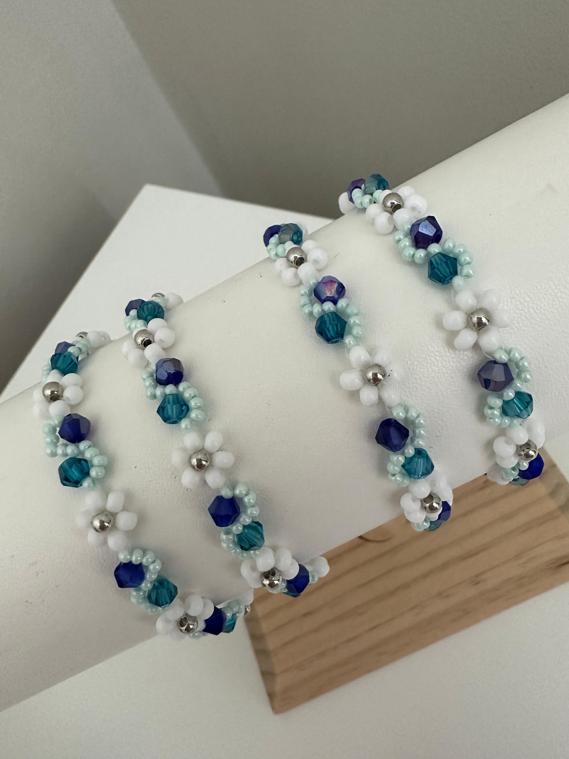 SEA WHISPER Handmade Bracelet with white, indigo, turquoise glass and silver beads on nylon string with stainless steel clasp
